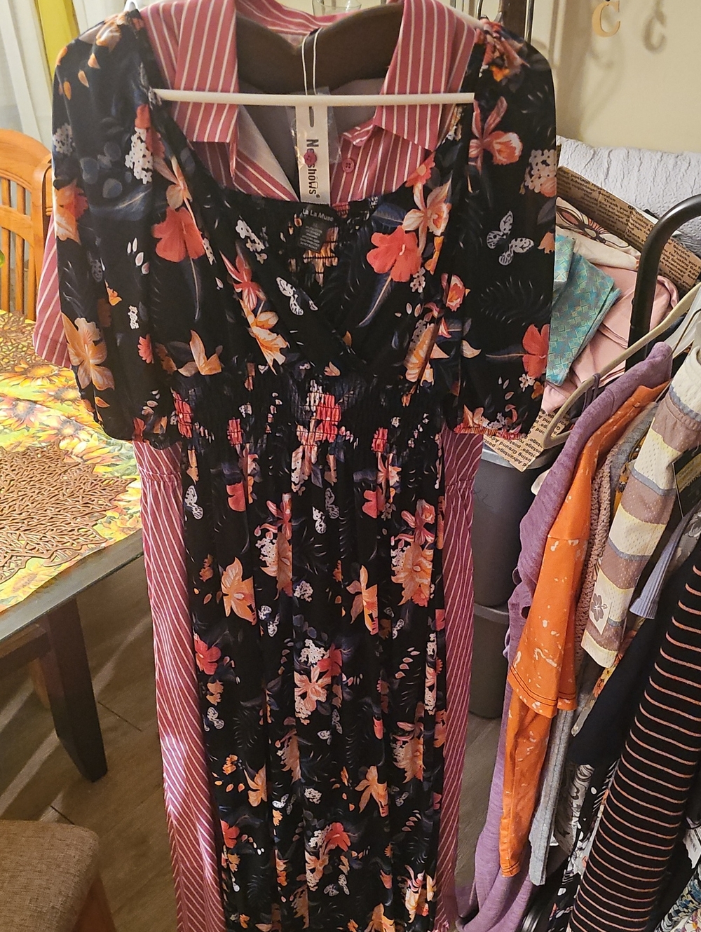 Floral Black Maxi Dress with Orange & Pink Blooms